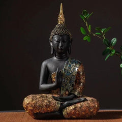 Boeddha beeld in goud en blauw, perfect voor meditatie en als decoratie in je woonkamer.