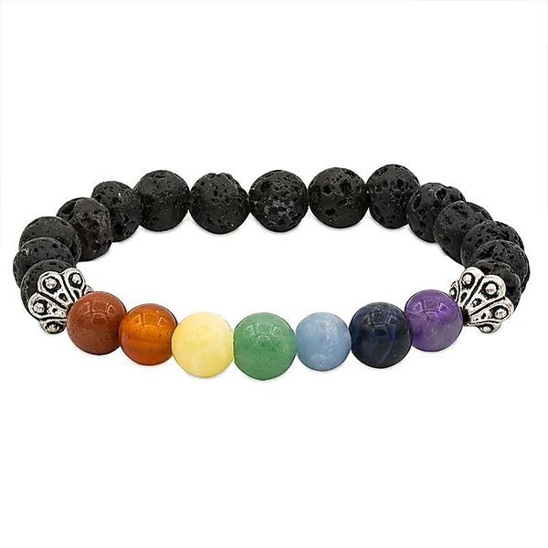 Lavasteen edelsteen armband met chakra edelstenen, ideaal voor het versterken van innerlijke kracht en spirituele groei.