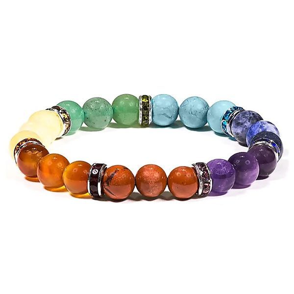 Elastische armband met 7 chakra stenen, ideaal voor het balanceren van energie en het bevorderen van welzijn.